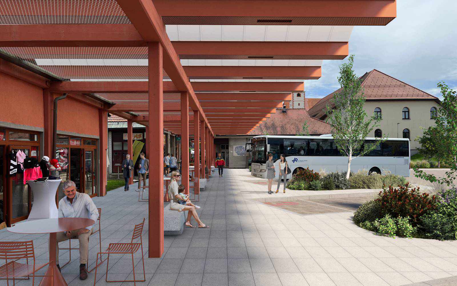 Prikaz načrtovane podobe lenarške avtobusne postaje po rekonstrukciji z urejenimi prometnimi površinami, urbano opremo in izboljšanim javnim prostorom.