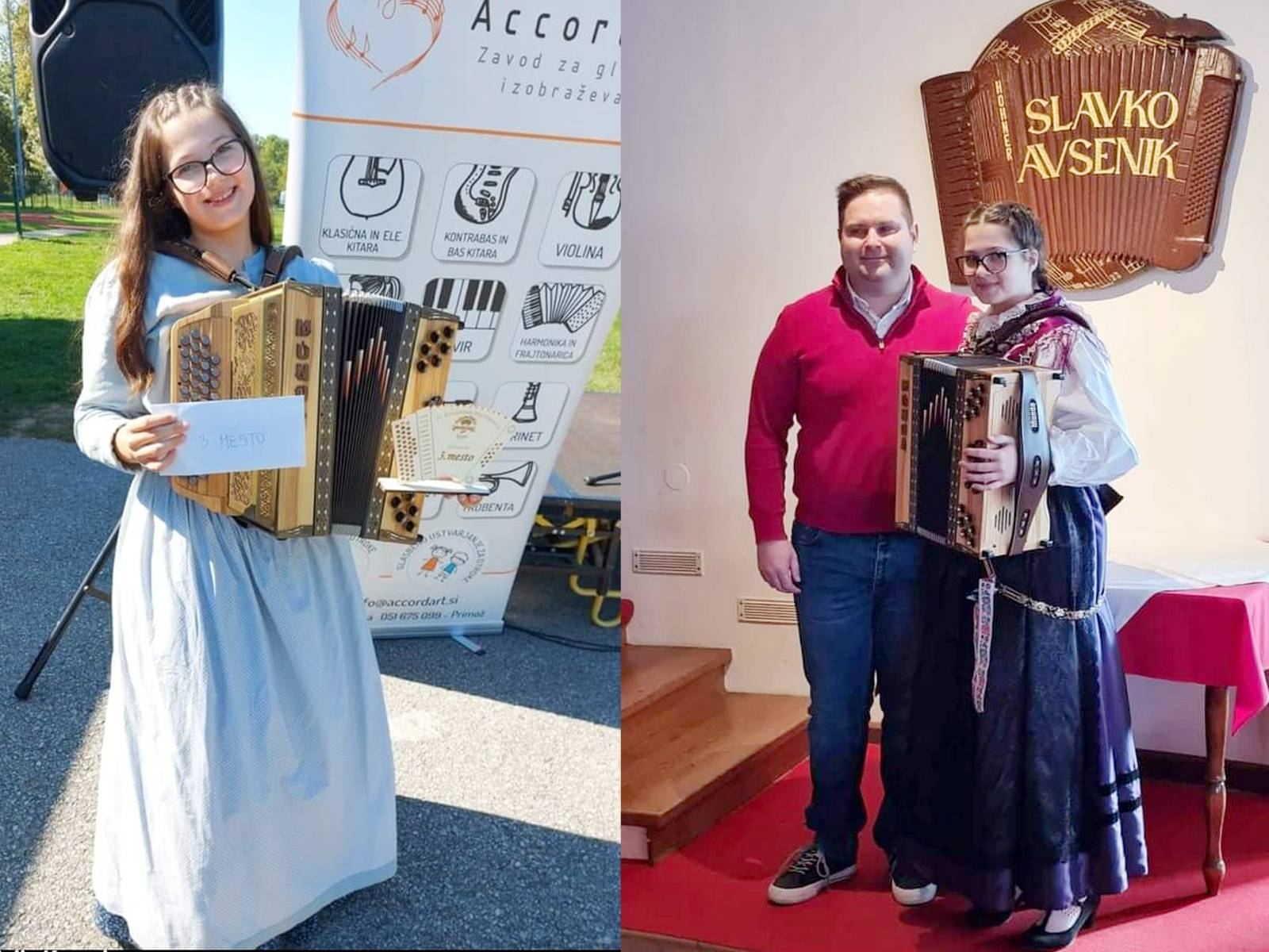 Patricija na enem izmed tekmovanj, kjer je dosegla tretje mesto in Patricija na tekmovanju s Klemnom Rošerjem. Foto: osebni arhiv.