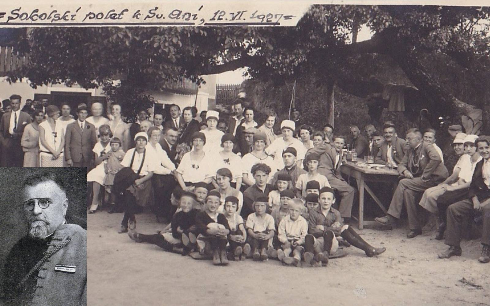 Dr. Gorišek, starosta lenarškega Sokola, slovenski odvetnik, voditelj narodnostnega življenja pred prvo svetovno vojno in vodja prevrata 1918, s svojimi skoli pri Sv. Ani leta 1927. Foto: osebni arhiv.
