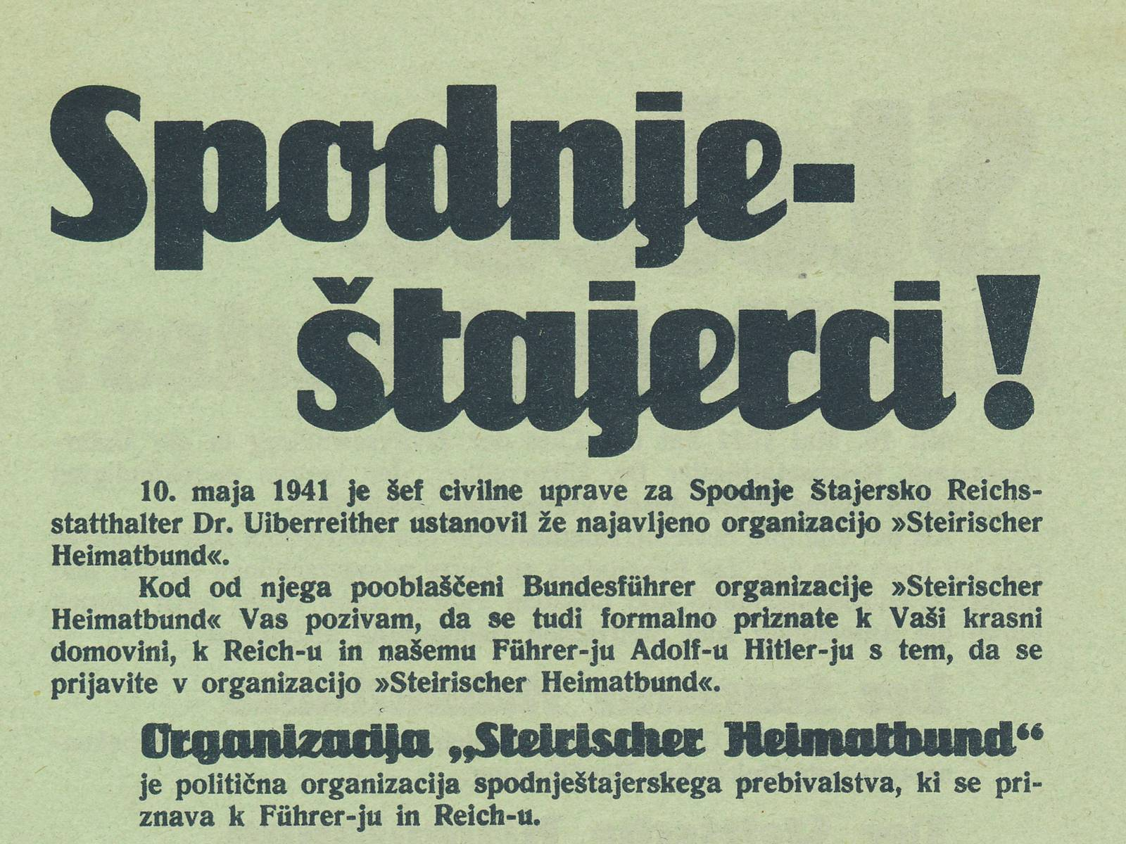 Razglas Štajerske domovinske zveze. Arhiv Muzeja narodne osvoboditve Maribor.